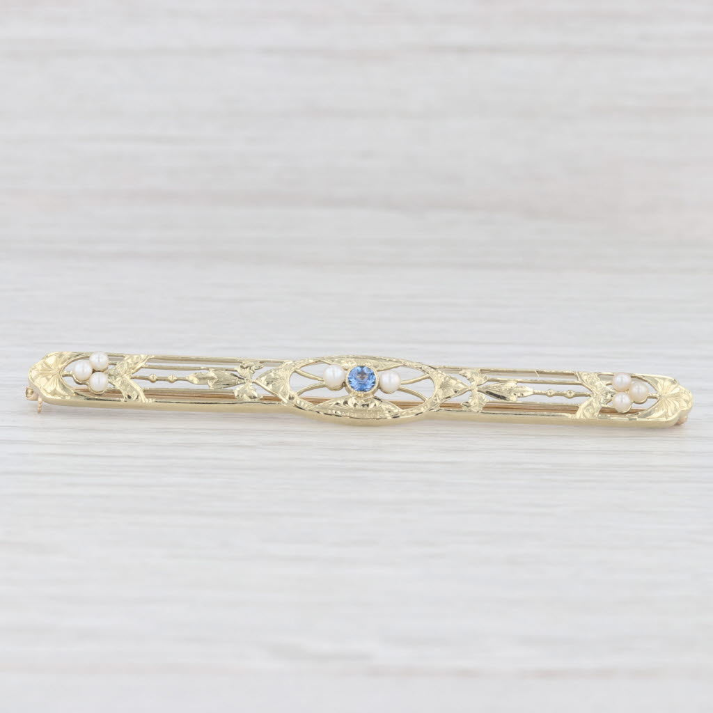 Light Gray Art Deco Floral Blue Sapphire Cultured Pearl Bar Pin 14k Yellow Gold Brooch