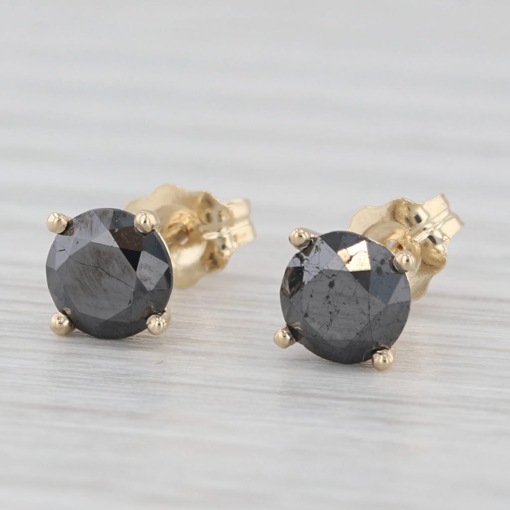 Light Gray New 1.31ctw Black Diamond Stud Earrings 14k Yellow Gold Round Solitaires