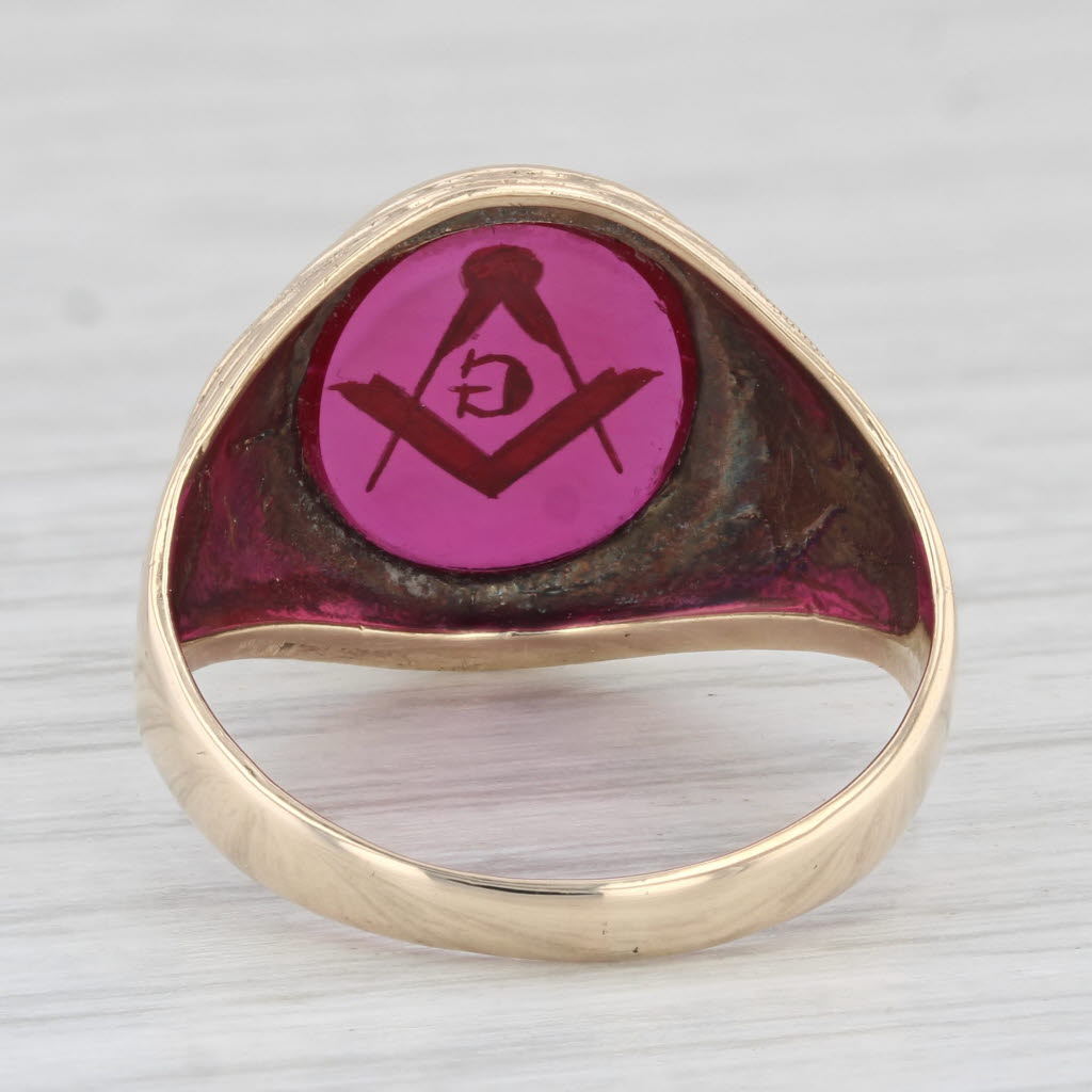 Light Gray Masonic Signet Ring Lab Created Ruby 10k Gold Blue Lodge Square Compass Sz 10.5