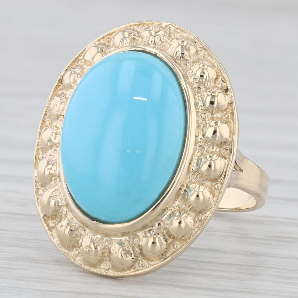 Light Gray Lab Created Turquoise Cabochon Large Cocktail Ring 14K Yellow Gold Ring Size 6