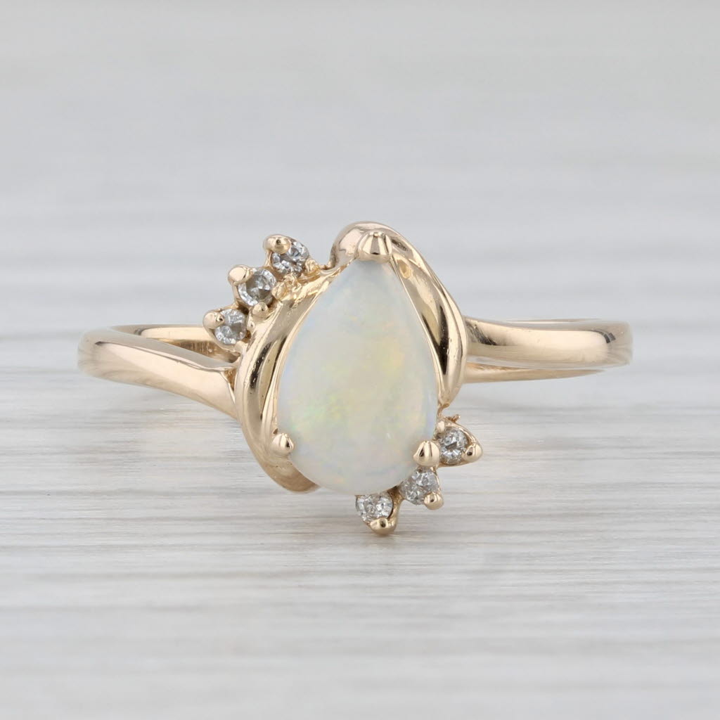 Light Gray Pear Cabochon Opal Diamond Ring 14k Yellow Gold Size 6.5