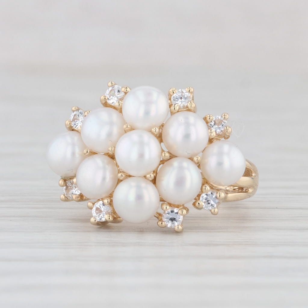 Light Gray Cultured Pearl Cluster Cubic Zirconia Ring 14k Yellow Gold Size 5.25