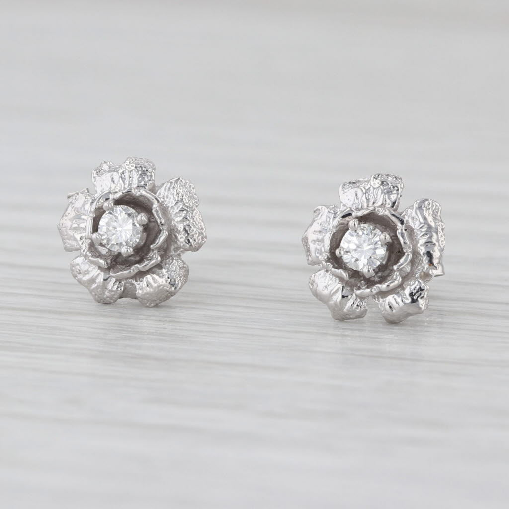 0.15ctw Diamond Flower Stud Earrings 14k White Gold Solitaire Floral Studs