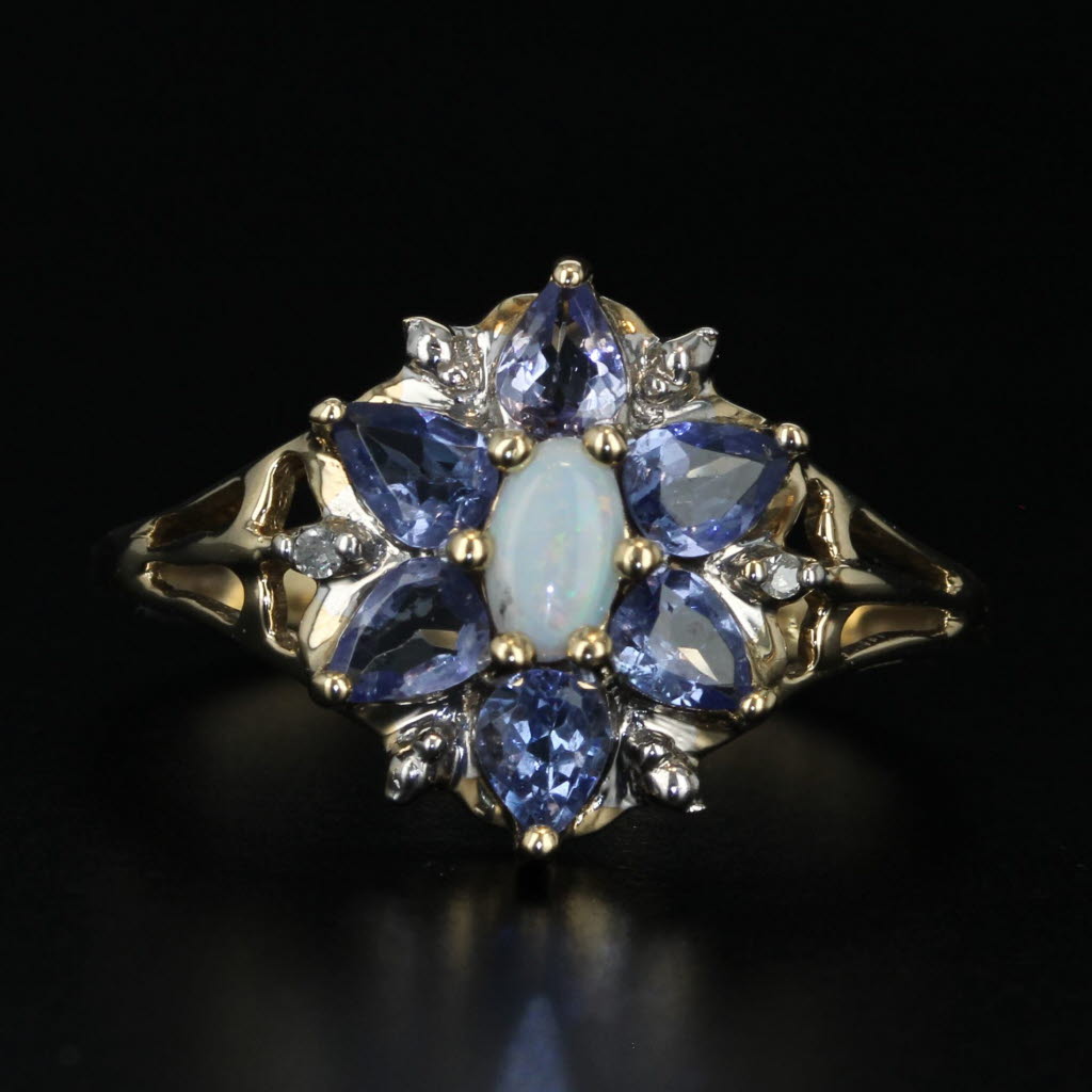 Black Opal 0.94ctw Tanzanite Flower Ring 10k Yellow Gold Size 8