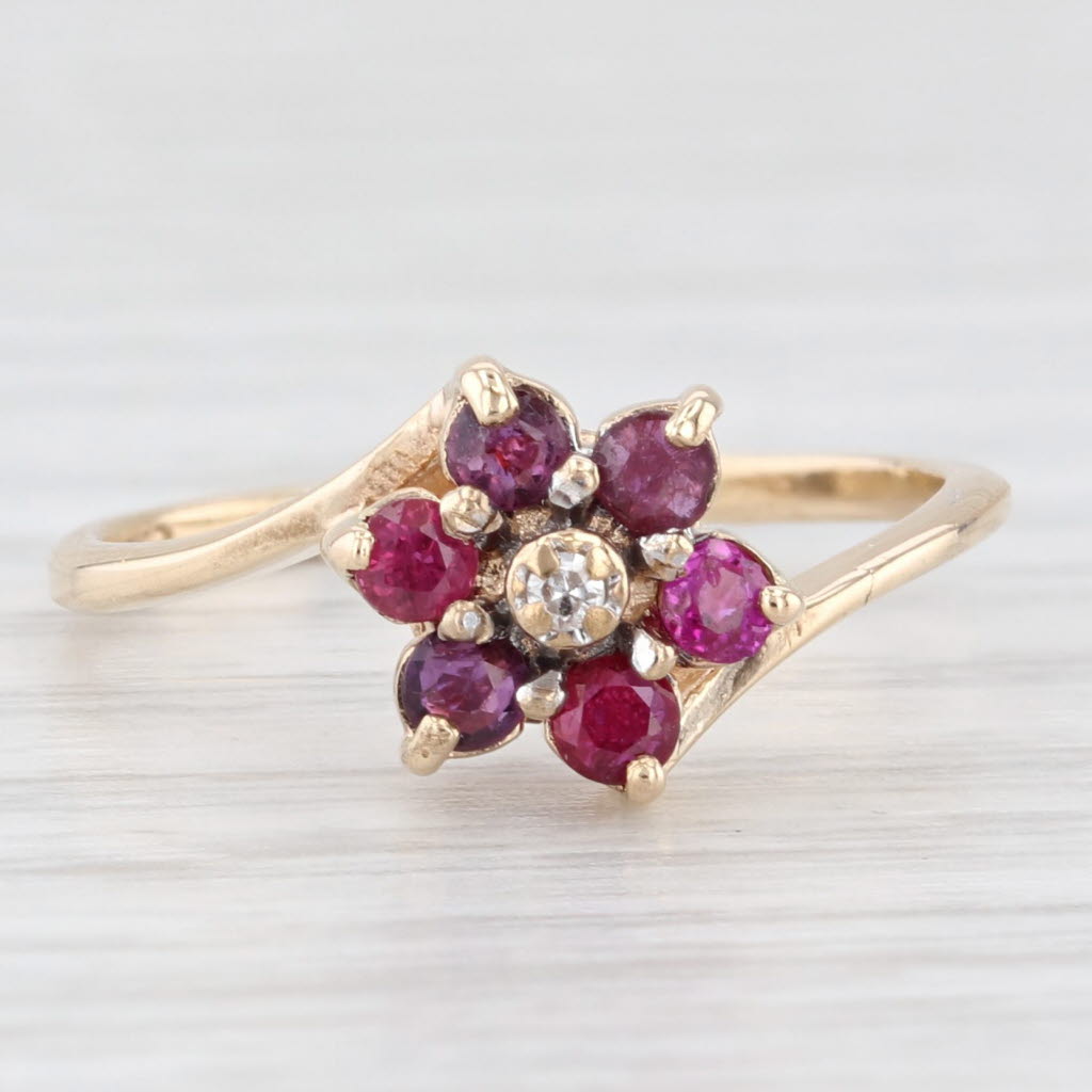 Light Gray 0.25ctw Ruby Diamond Flower Ring 10k Yellow Gold Size 6 July Birthstone