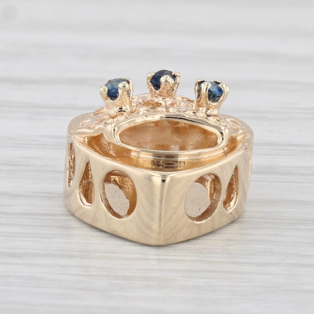 Light Gray Blue Sapphire Crown Heart Slide Bracelet Charm 14k Yellow Gold Vintage