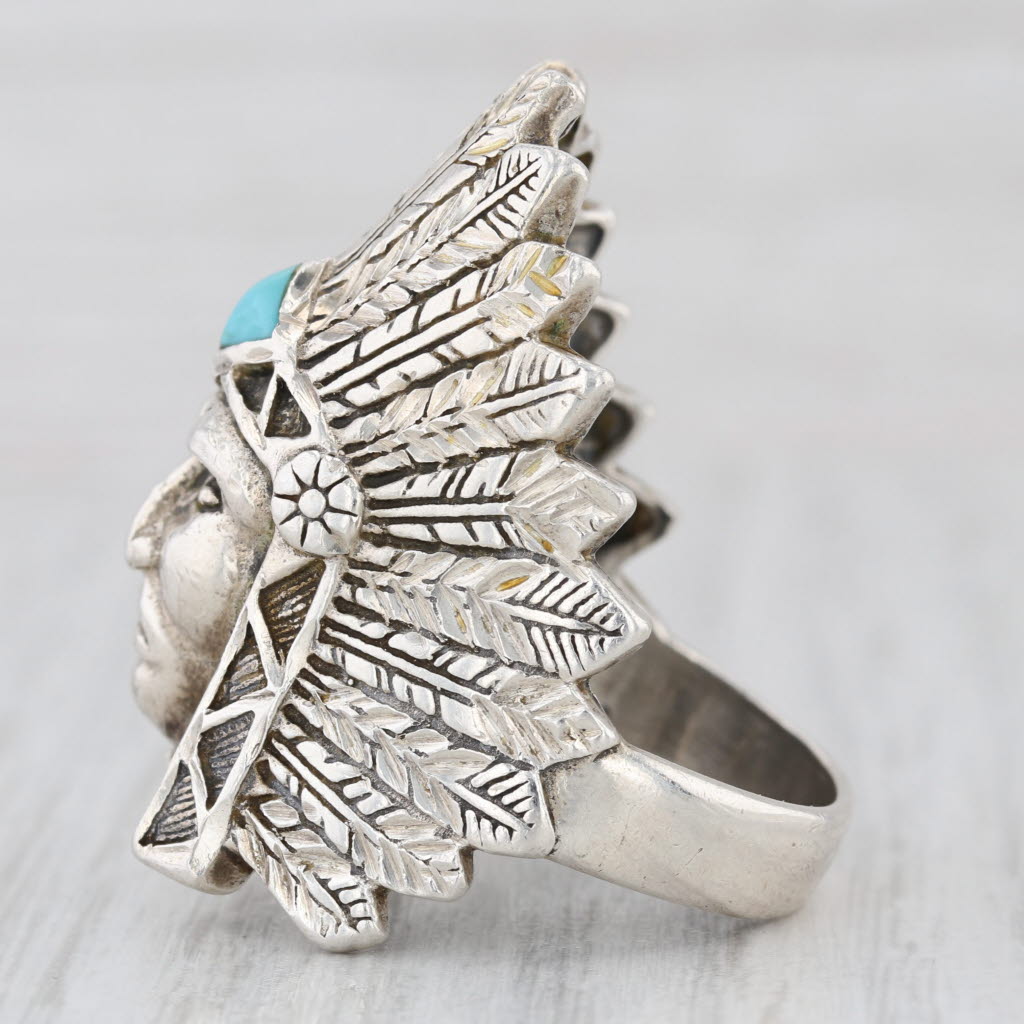 Vintage Native American Chief Turquoise Ring Sterling Silver Size 10 Signed