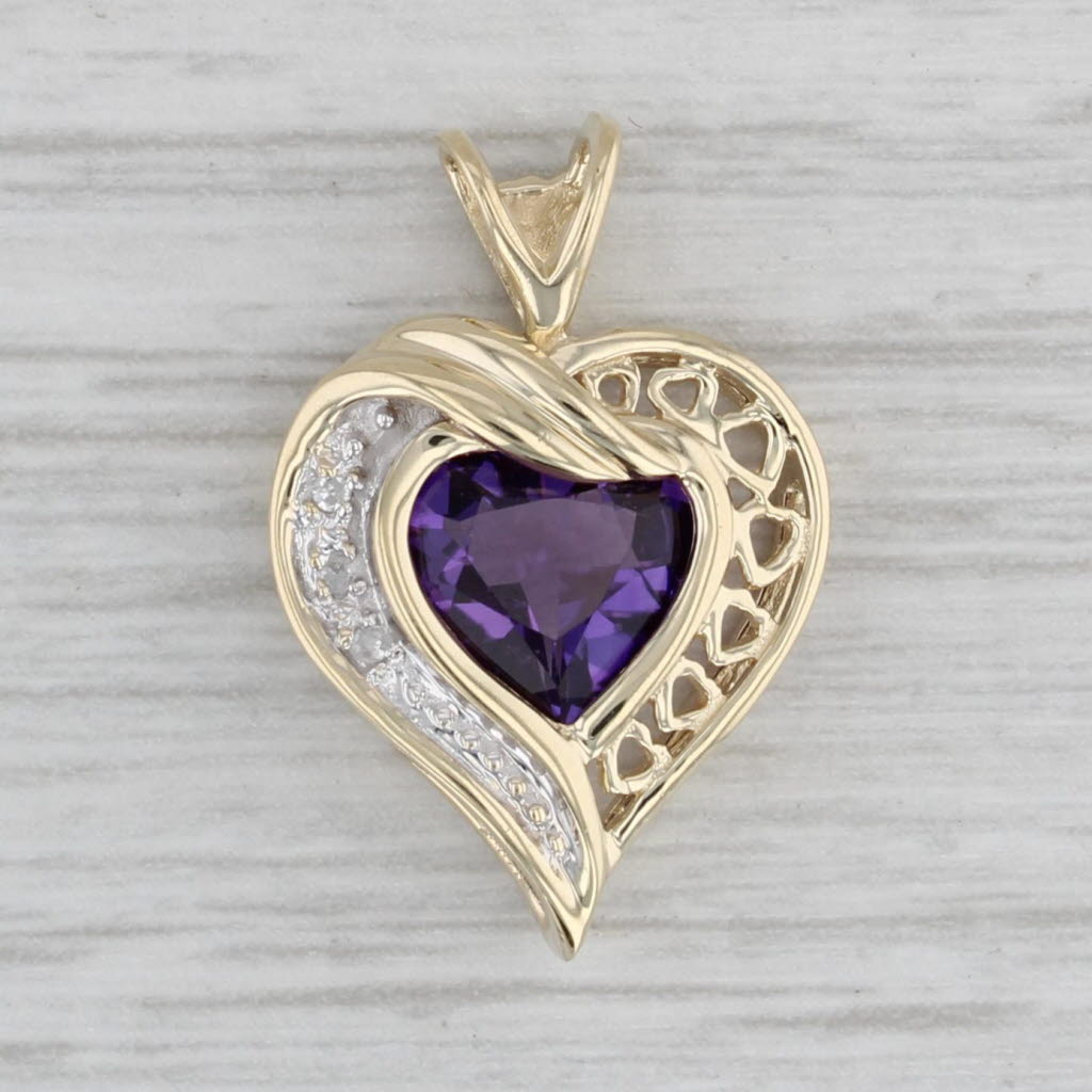 Gray 1.30ct Amethyst Heart Pendant 10k Yellow Gold Diamond Accents