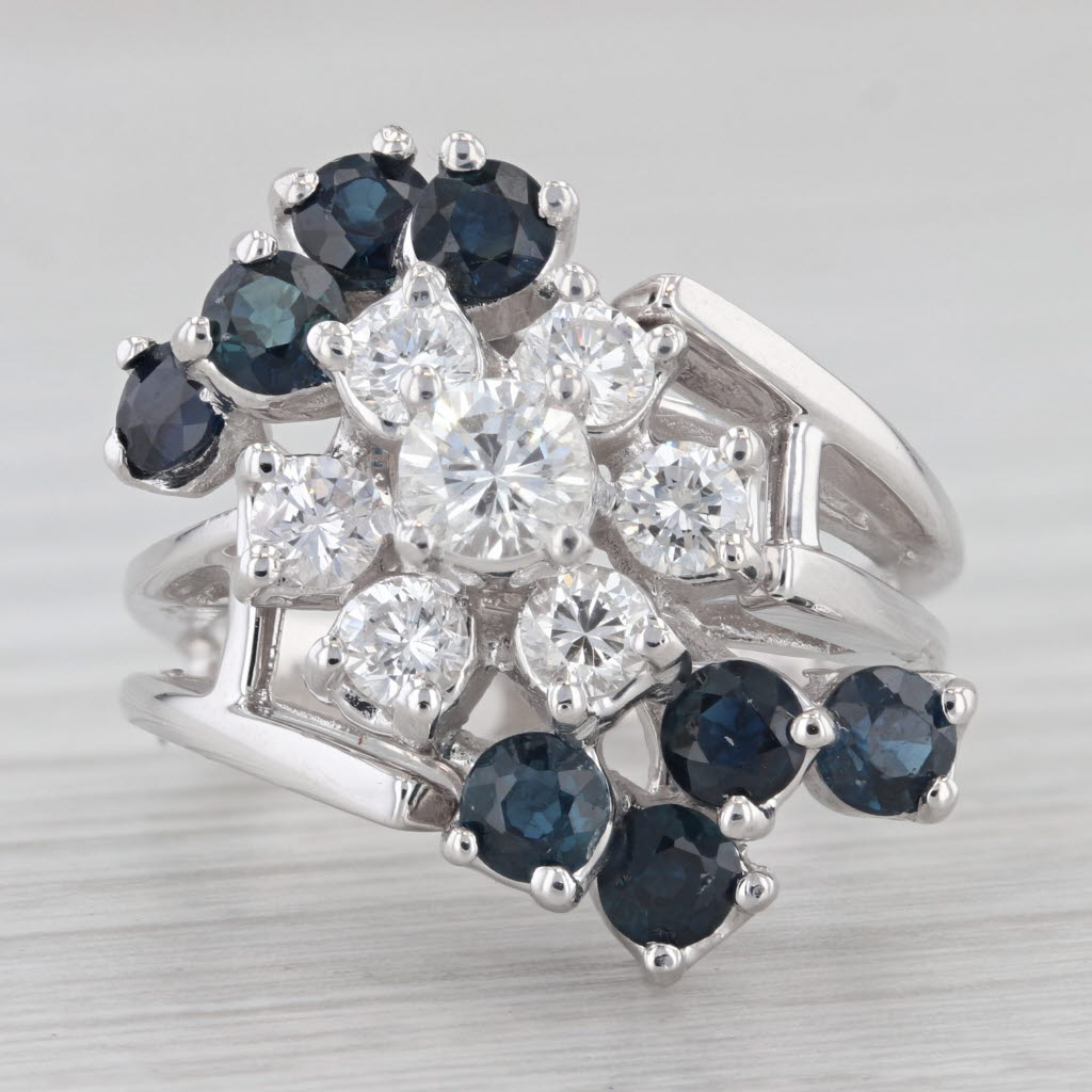 Gray 2.50ctw Blue Sapphire White Diamond Cluster Bypass Ring 14k White Gold Cocktail