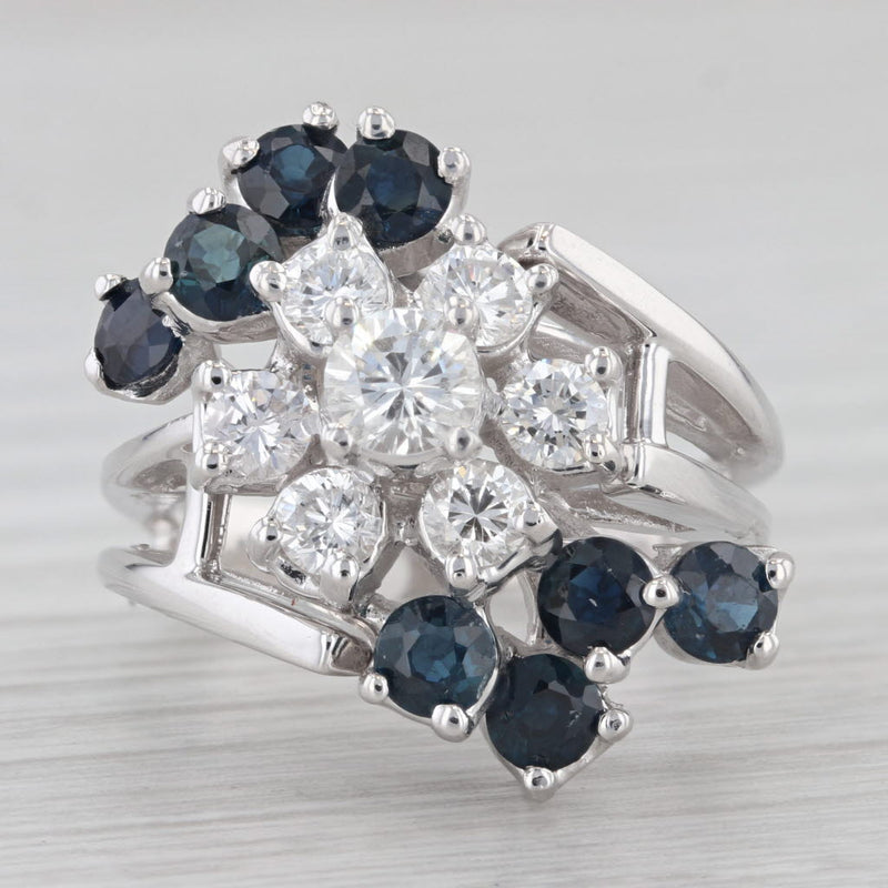 2.50ctw Blue Sapphire White Diamond Cluster Bypass Ring 14k White Gold Cocktail
