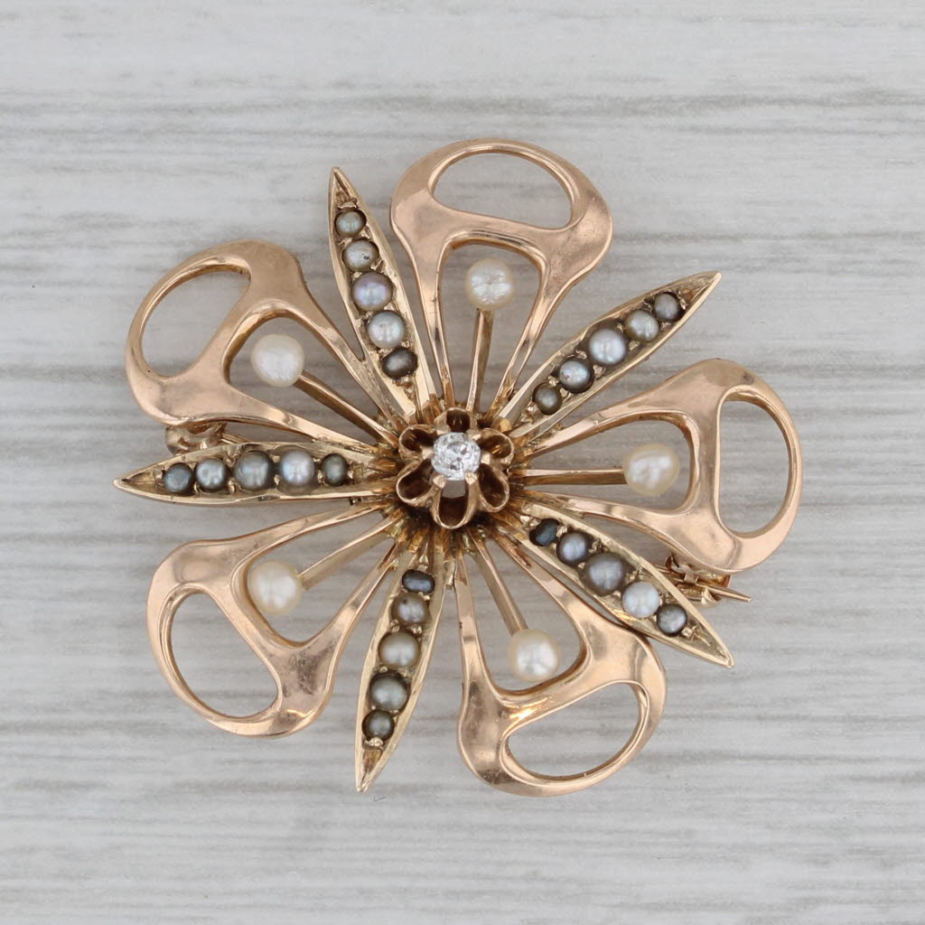 Gray Vintage Pearl Old Mine Cut Diamond Flower Brooch 10k Yellow Gold Pin