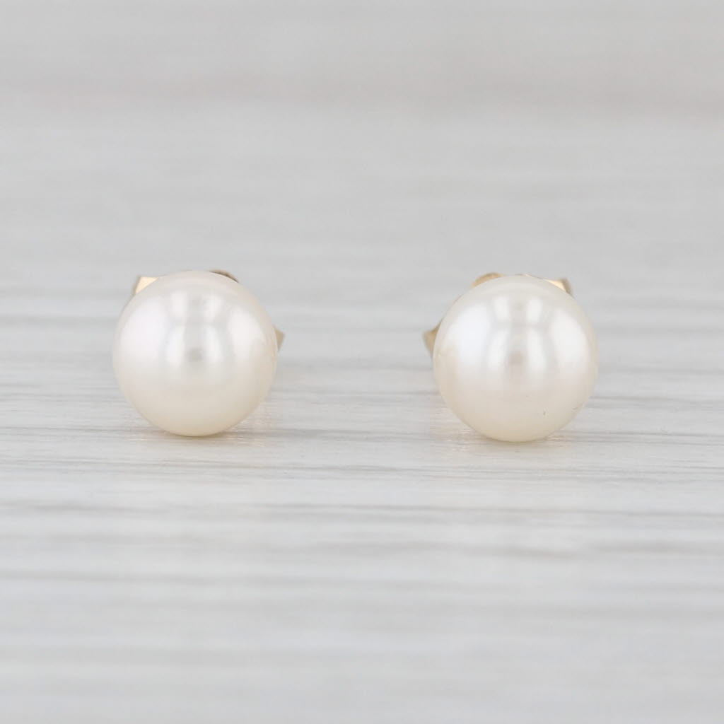 Cultured Pearl Stud Earrings 14k Yellow Gold 6.2mm Round Bead Solitaire Studs