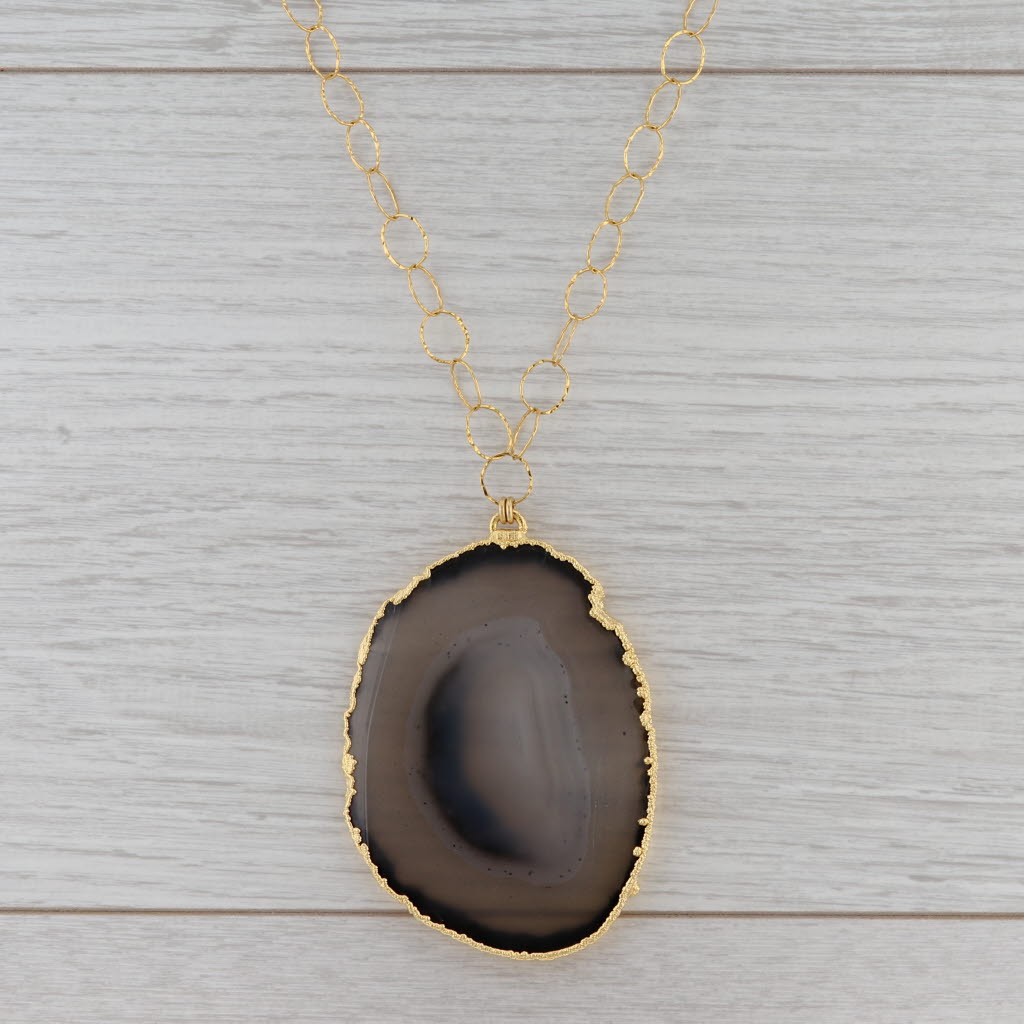 New Nina Wynn Agate Slice Statement Pendant Necklace Sterling Gold Vermeil 31"