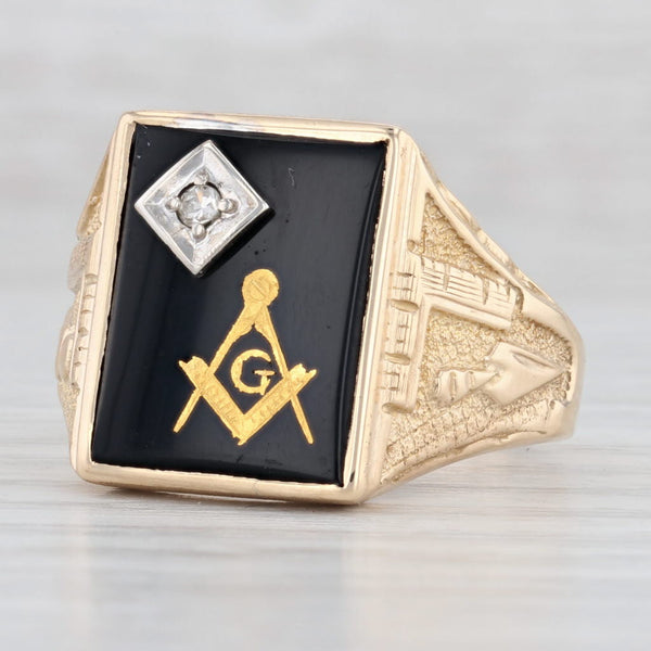 Light Gray Diamond Onyx Masonic Blue Lodge Signet Ring 10k Yellow Gold Size 11.75