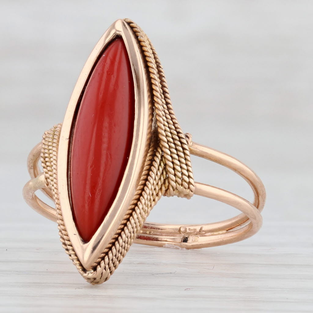 Light Gray Vintage Red Glass Marquise Ring 18k Yellow Gold Size 8.5