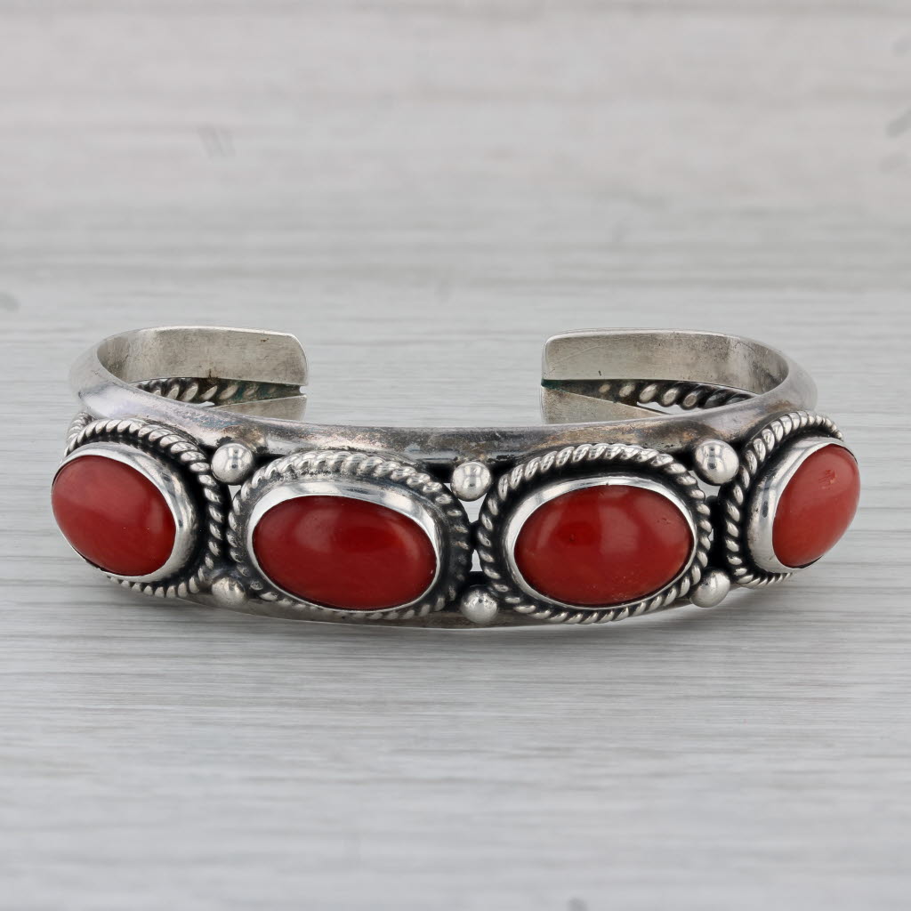 Gray Vintage Native American Red Coral Cuff Bracelet Sterling Silver 6"