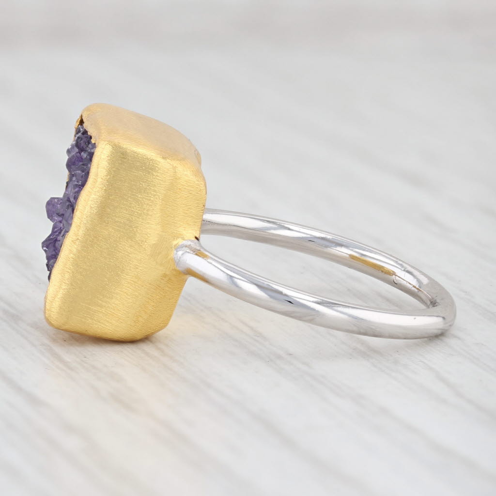New Nina Wynn Druzy Quartz Amethyst Ring Sterling Silver 22k Gold Vermeil Sz 7