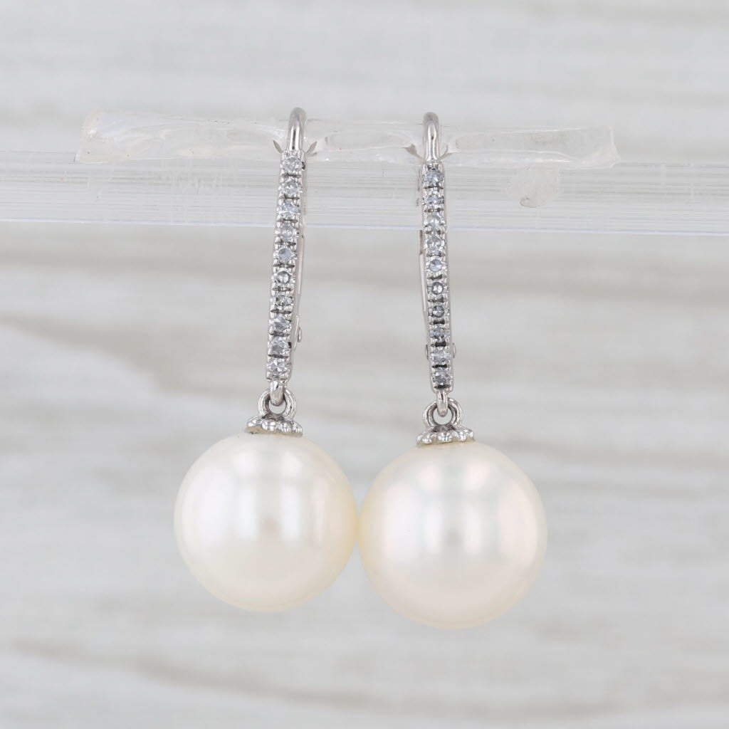 Cultured Pearl Diamond Drop Earrings 14k White Gold Lever Backs