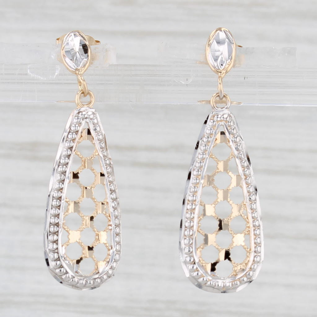 Light Gray Lattice Work Teardrop Earrings 14k White Yellow Gold Dangle Drops