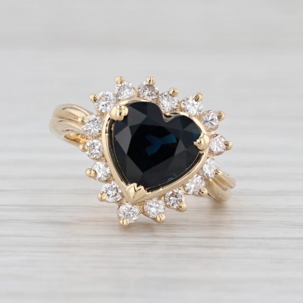 2.80ctw Blue Sapphire Heart Diamond Halo Ring 18k Yellow Gold Size 4