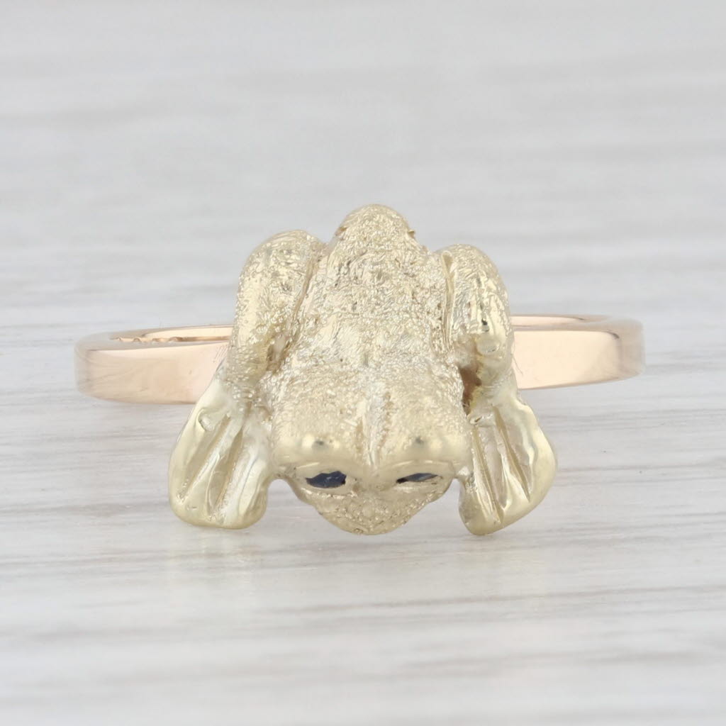 Light Gray Blue Sapphire Frog Toad Ring 14k Yellow Gold Size 5.25