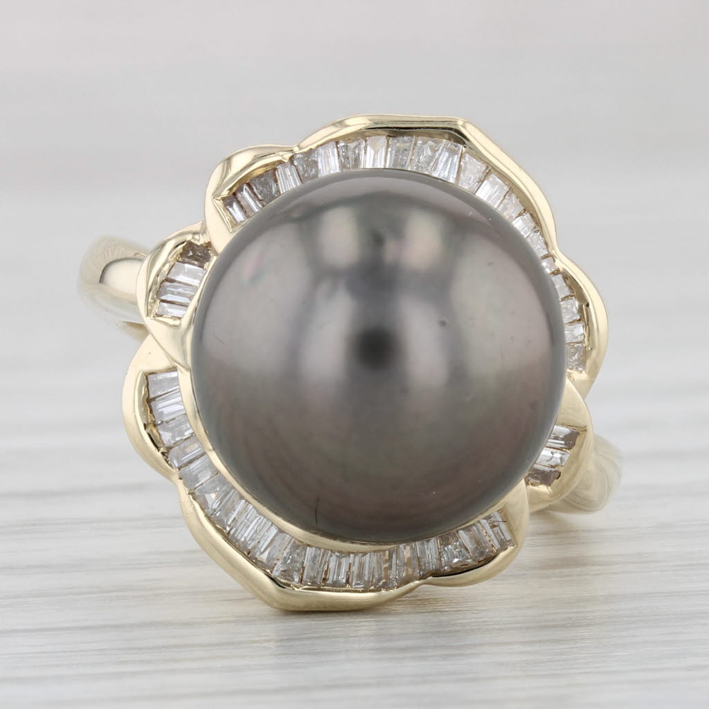 Gray Cultured Gray Pearl Diamond Halo Ring 14k Yellow Gold Size 6.75 Cocktail