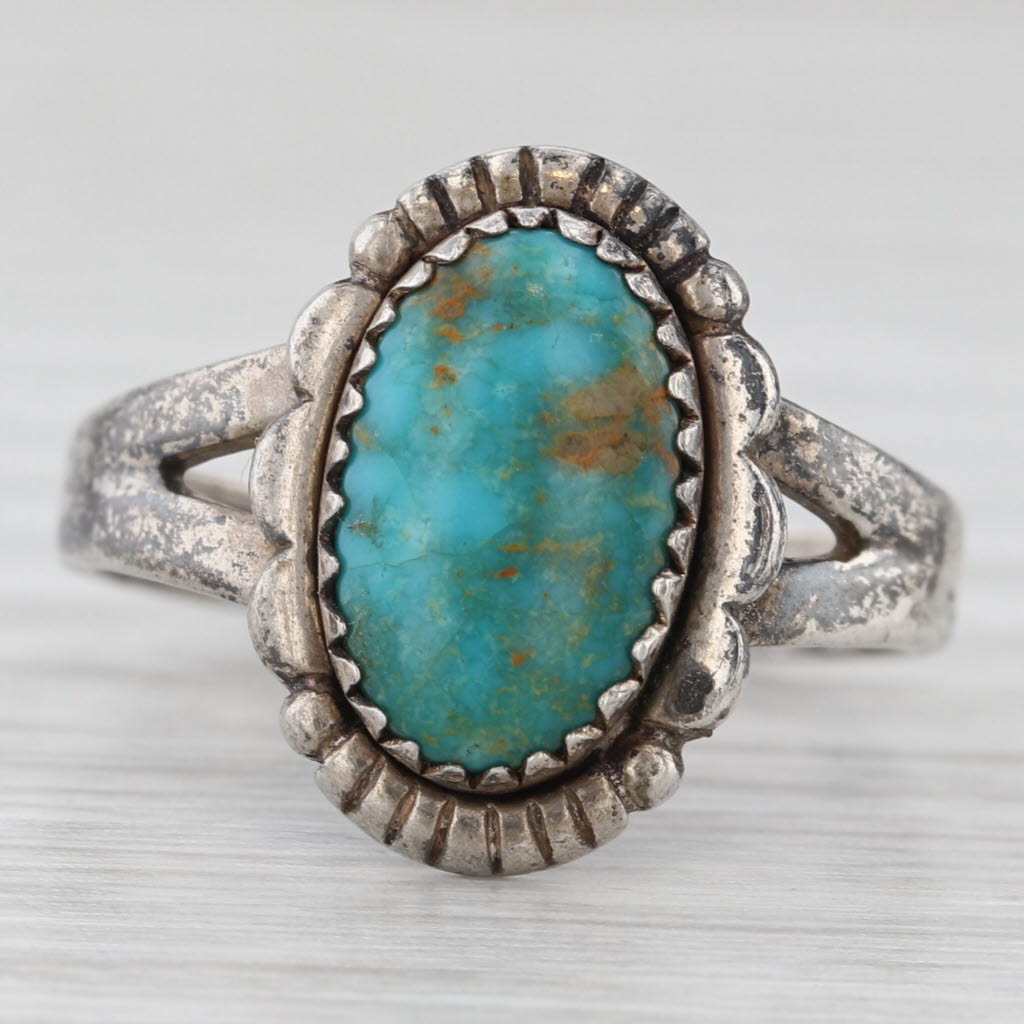 Light Gray Vintage Turquoise Cabochon Ring Native American Bell Trading Sterling Silver