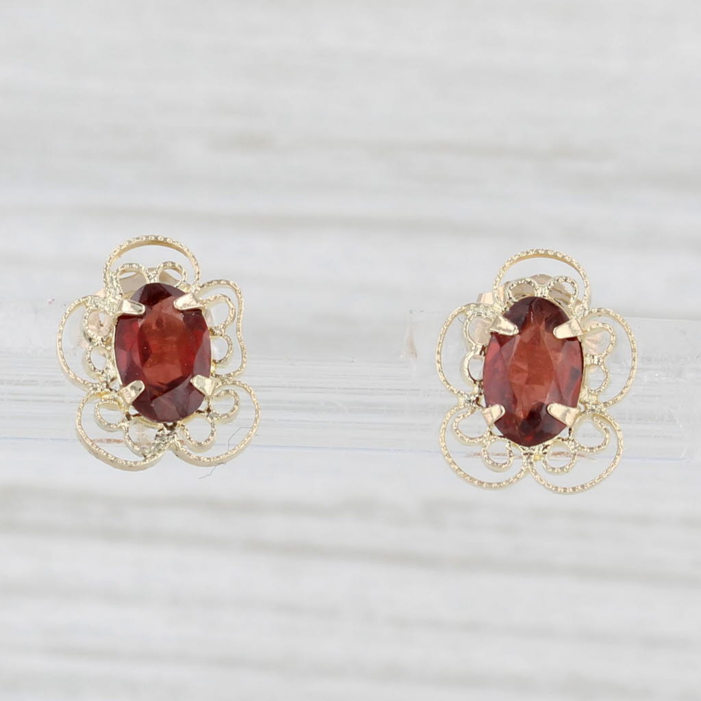 Light Gray 0.77ctw Garnet Stud Earrings 14k Yellow Gold Filigree Oval Solitaires