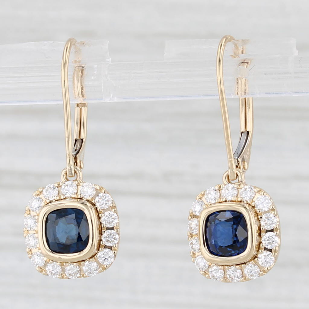 Light Gray New 1.87ctw Blue Sapphire Diamond Halo Dangle Earrings 14k Yellow Gold