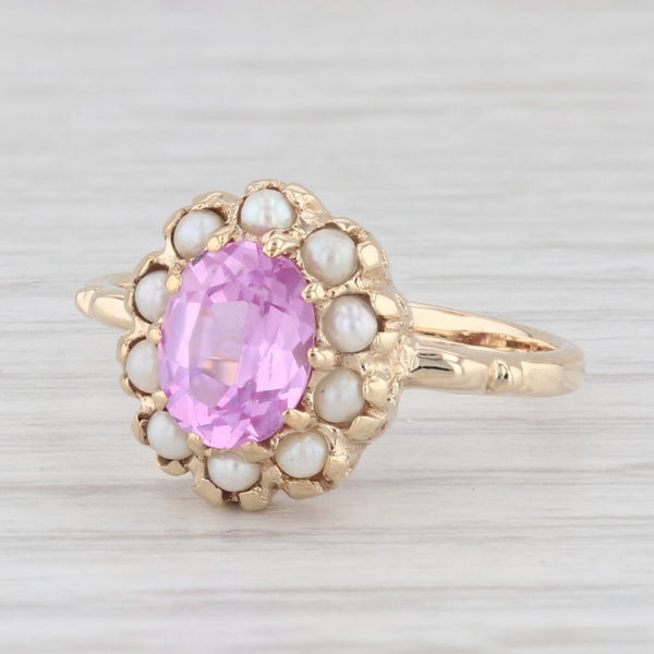 1.75ct Lab Created Pink Sapphire Diamond Pearl Ring 10k Yellow Gold Size 6.75