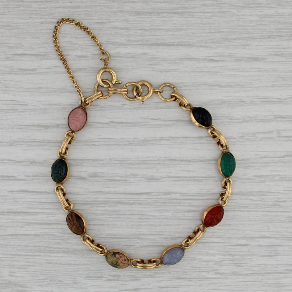 Vintage Carved Scarab Stone Bracelet Gold Filled Tigers Eye Chalcedony Carnelian