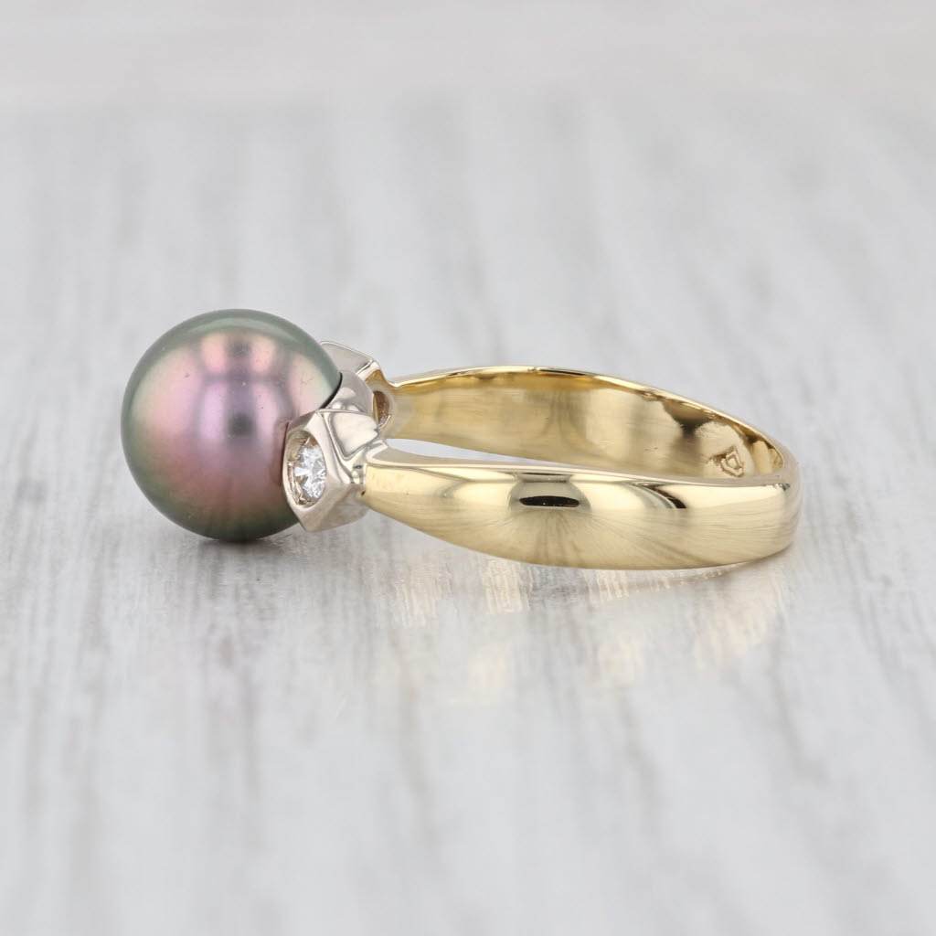 Black Cultured Pearl Diamond Ring 18k Yellow White Gold Size 6