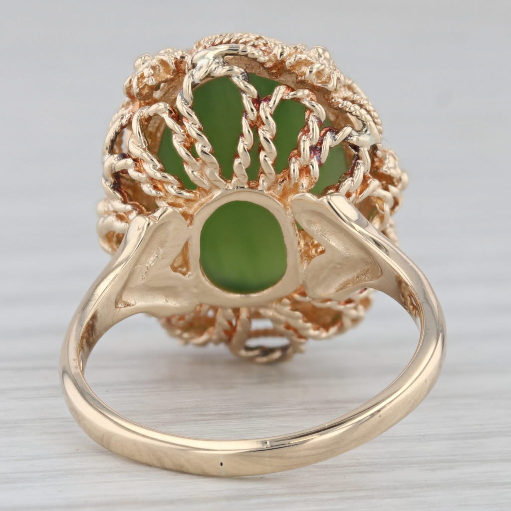 Gray Green Nephrite Jade Ring 14k Yellow Gold Oval Cabochon Size 7.5 Ornate Filigree