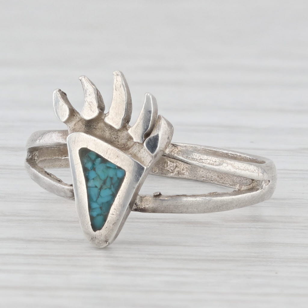 Light Gray Turquoise Tribal Bear Claw Ring Sterling Silver Size 5.75 Vintage Southwestern