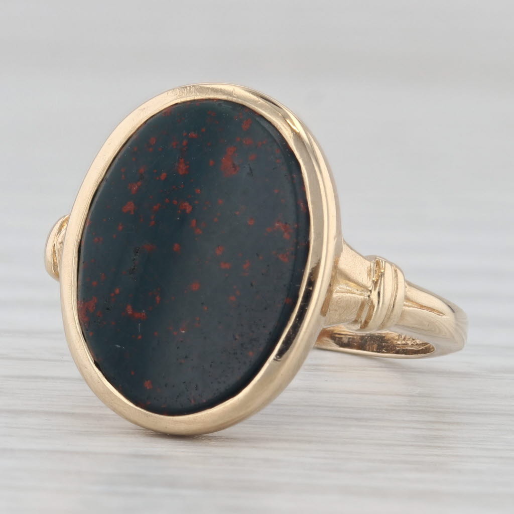 Light Gray Green Red Bloodstone Oval Solitaire Ring 10k Yellow Gold Size 7.5