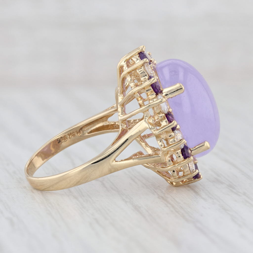 Light Gray Purple Jadeite Jade Amethyst Glass Ring 14k Gold Oval Cabochon Cocktail Sz 7.75