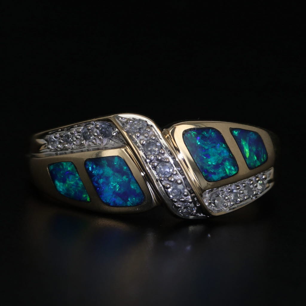 Black Blue Green Opal Inlay Mosaic Diamond Ring 14k Yellow Gold Size 7.25