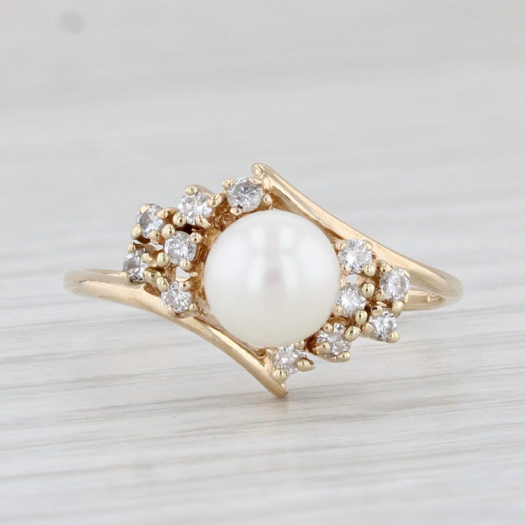 Light Gray Cultured Pearl Diamond Ring 14k Yellow Gold Size 6.5 Bypass