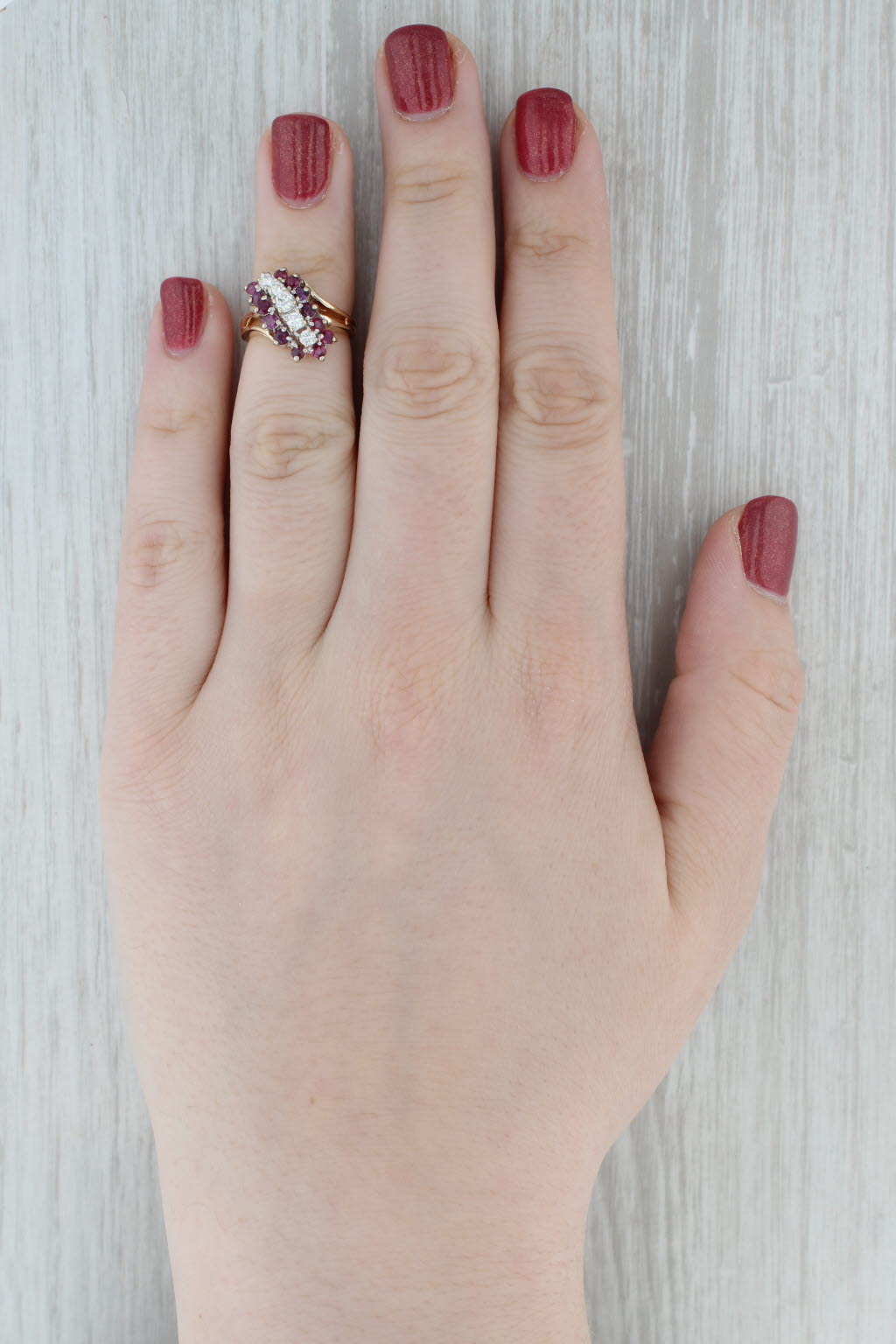 Gray 1.19ctw Diamond Ruby Cluster Bypass Ring 14k Yellow Gold Size 3.75