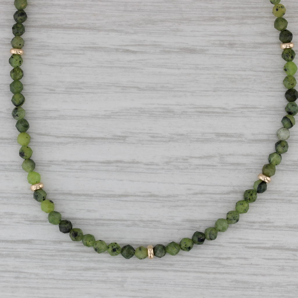 Gray Green Serpentine Bead Strand Necklace 14k Yellow Gold 3.3mm 18"