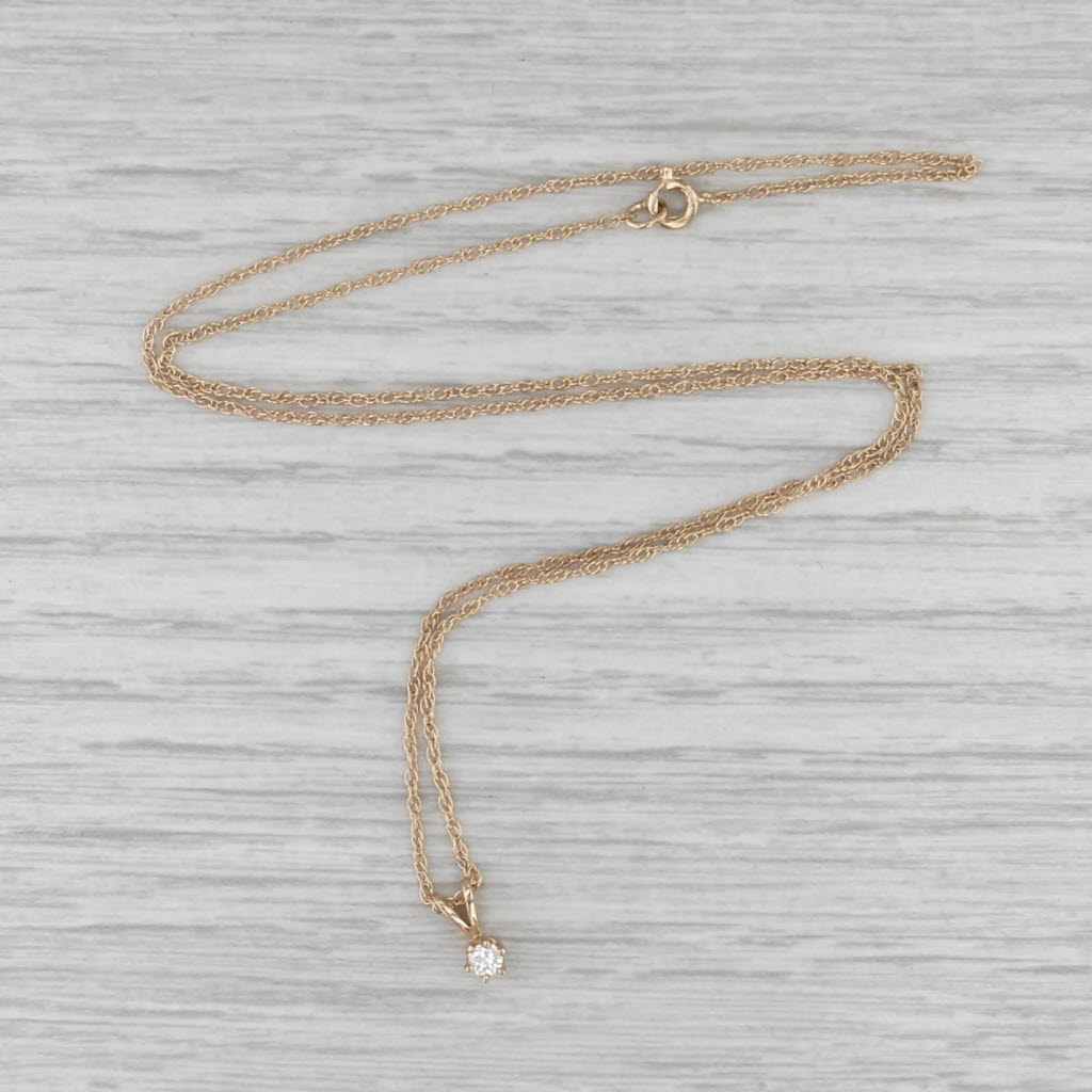 Small Round Diamond Solitaire Pendant Necklace 14k Yellow Gold 16.5" Rope Chain