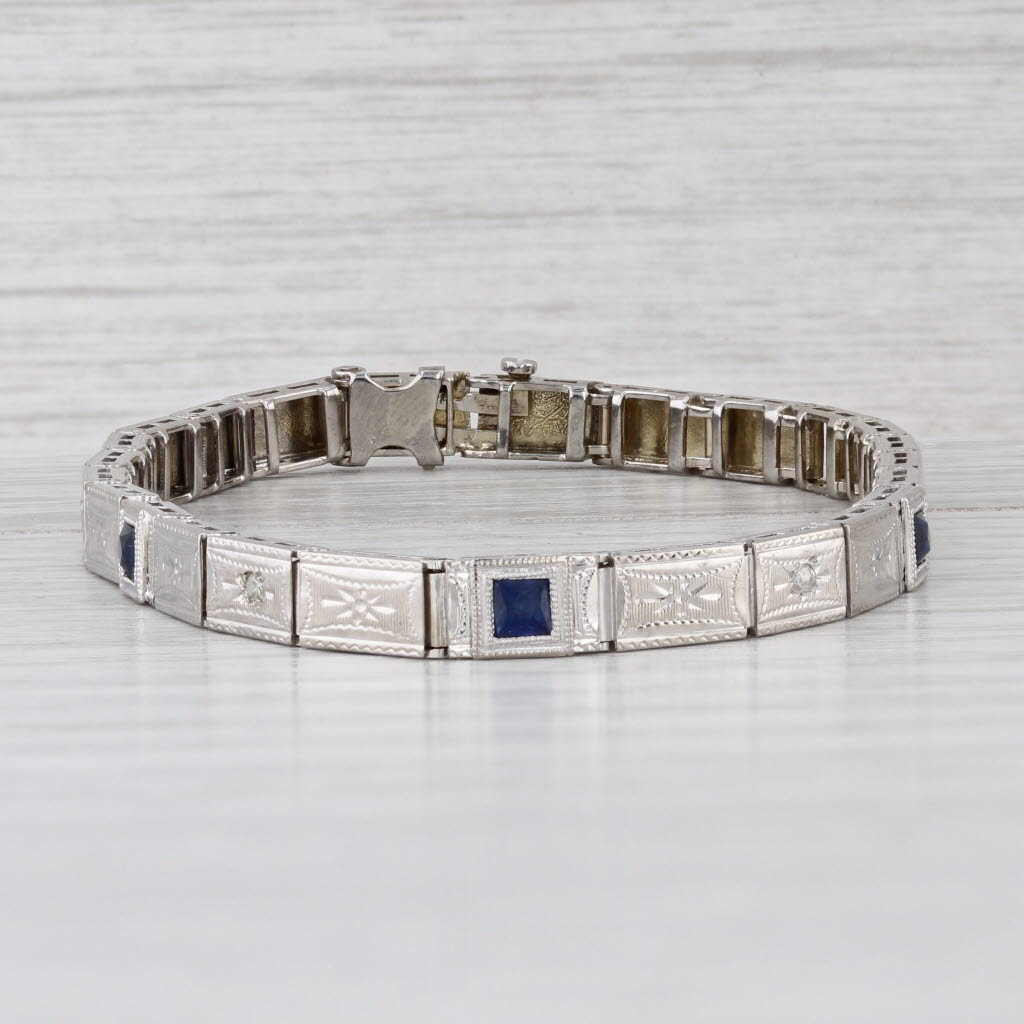 Art Deco Lab Created Sapphire Diamond Link Bracelet 6.75" 4.5mm