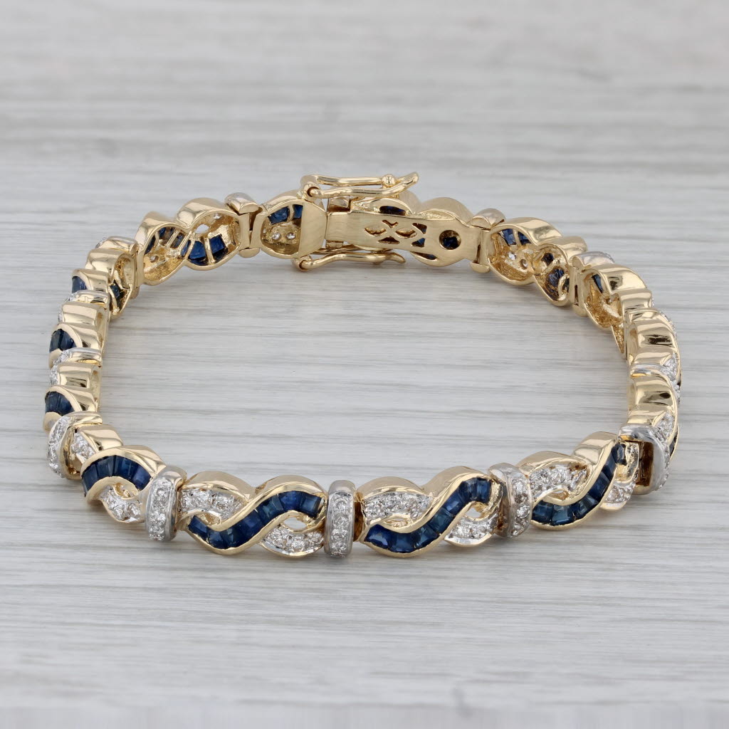 Gray 12.23ctw Diamond Blue Sapphire Woven Bracelet 18k Yellow Gold 7.25” 6.5mm