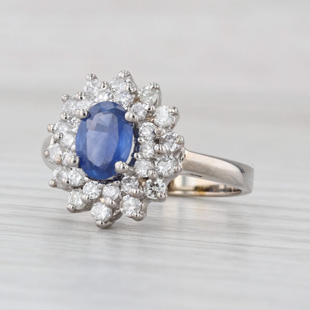 1.73ctw Oval Blue Sapphire Diamond Halo Ring 14k White Gold Size 8 Engagement