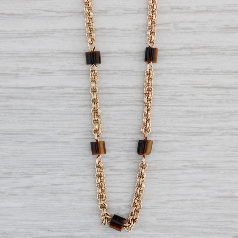Vintage Tiger's Eye Bead Cable Chain Necklace 14k Yellow Gold 30.5" Long