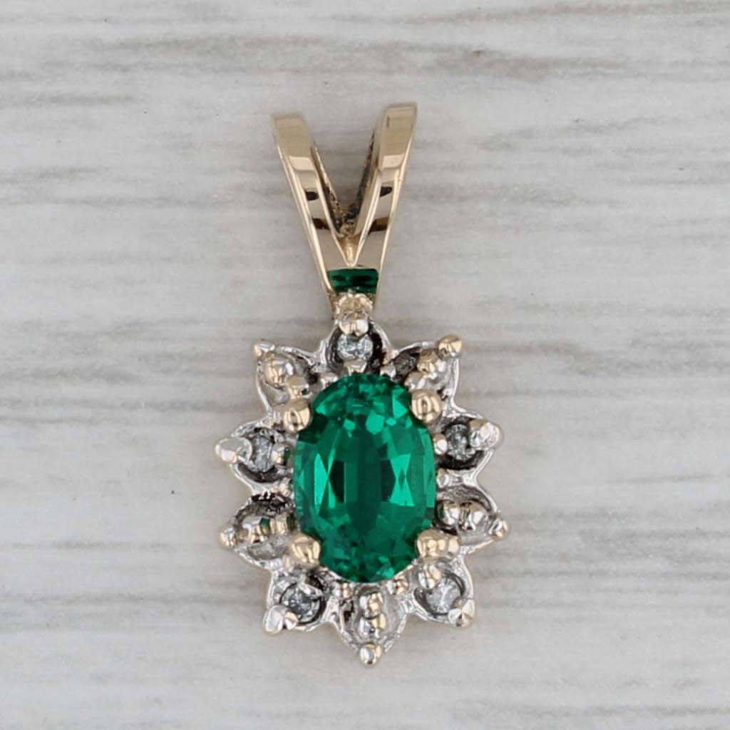 Gray Lab Created Emerald Diamond Halo Small Pendant 10k Yellow Gold