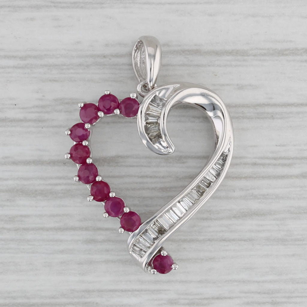 Gray 0.58ctw Ruby Diamond Open Heart Pendant 14k White Gold Drop