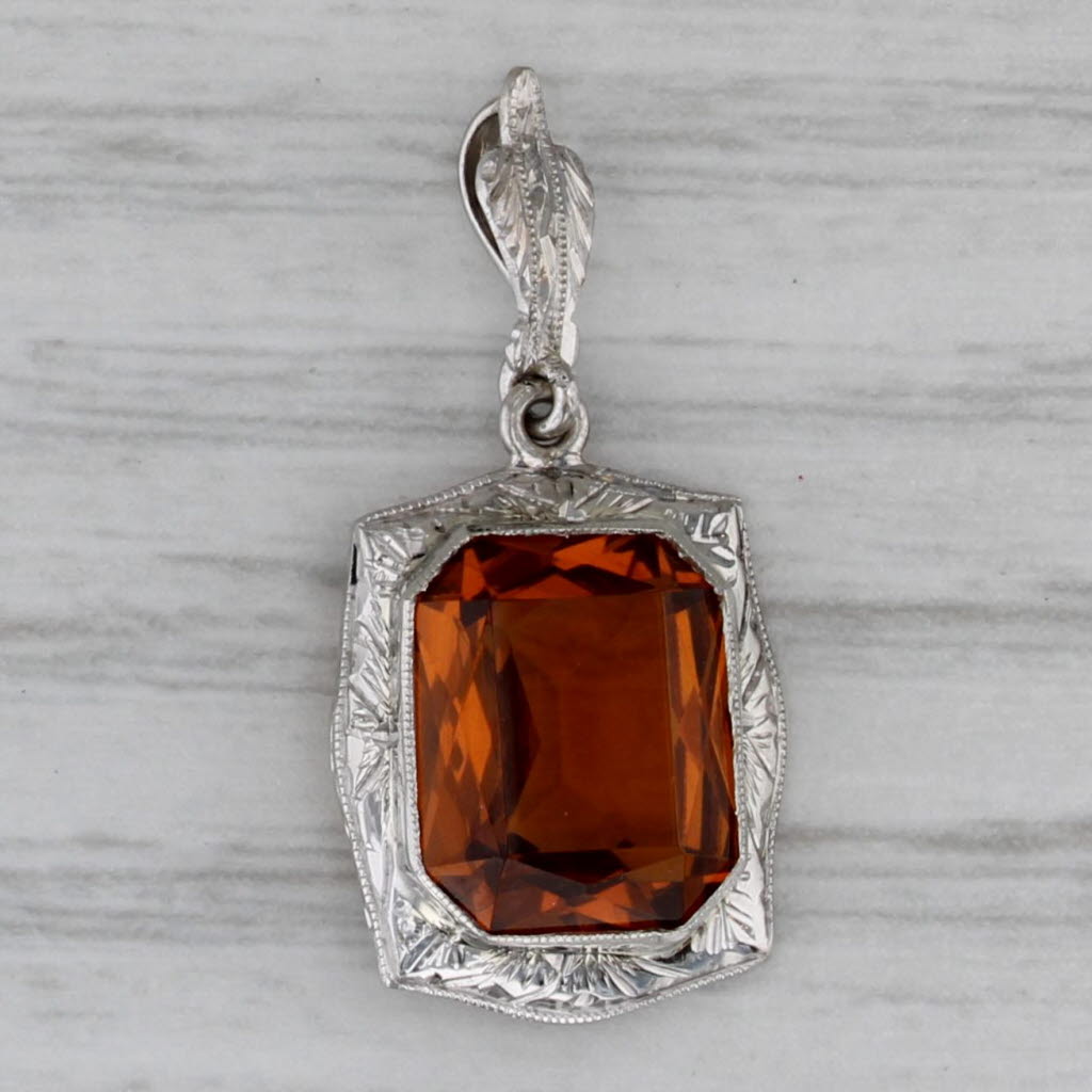 Gray Vintage Orange Glass Pendant 10k White Gold Small Drop