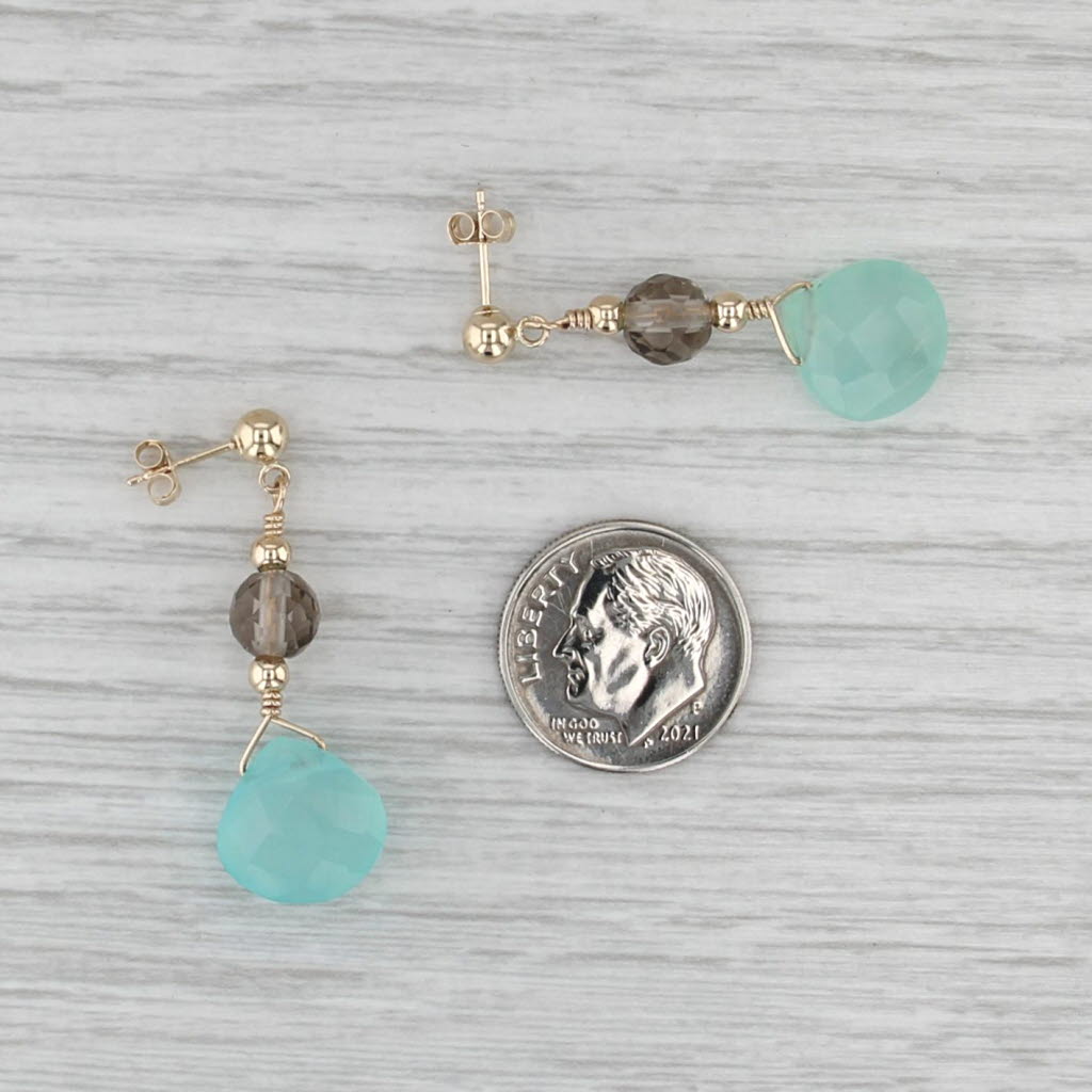 Aqua Praisiolite Amethyst Glass Bead Dangle Earrings 14k Yellow Gold Drops