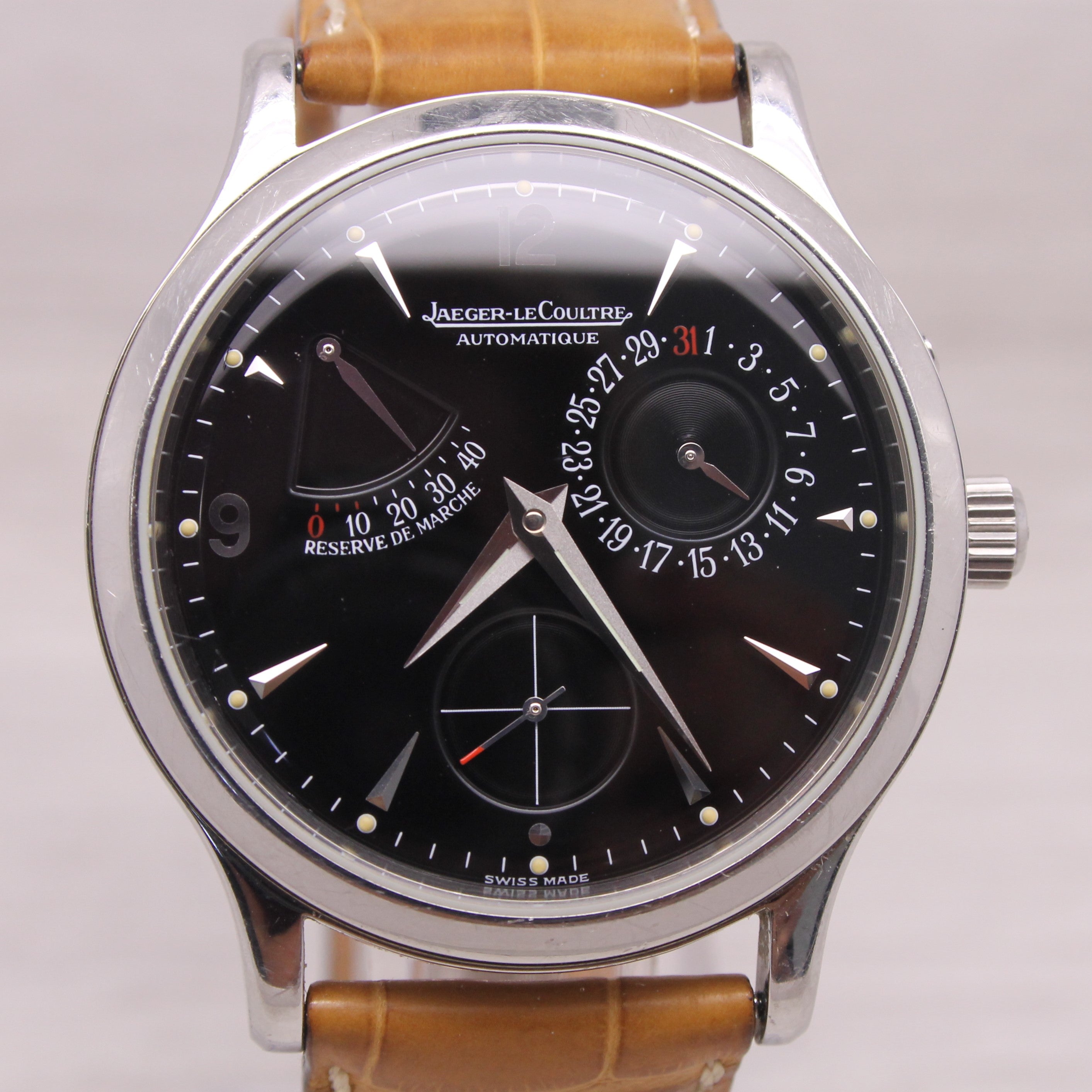 Black Jaeger LeCoultre Reserve de Marche Mens 37mm Steel Automatic Watch 140.8.93.S